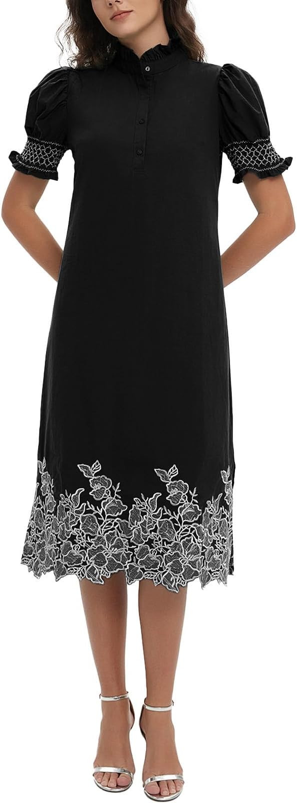 Womens Casual Shirt Dress Button Down Short Sleeve Midi Dress Flower Embroidery Slit Spring Summe... | Amazon (US)