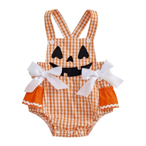YINGISFITM My First Halloween Baby Girl Outfit Pumpkin Face Bubble Romper Plaid Ruffle Newborn Onesie Pumpkin Costume (Pumpkin Face - Bow, 0-3 Months) | Amazon (US)
