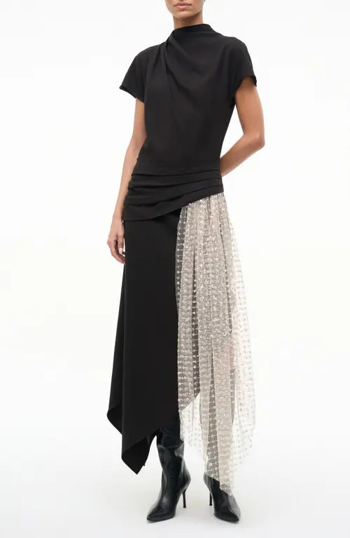 STAUD Effie Drape Mock Neck Asymmetric Maxi Dress in Black/Stardust at Nordstrom, Size 2 | Nordstrom