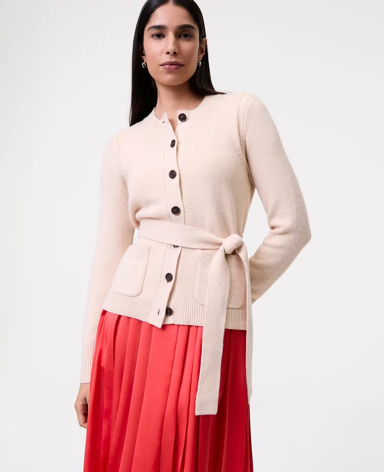 Belted Crew Neck Cardigan | Ann Taylor