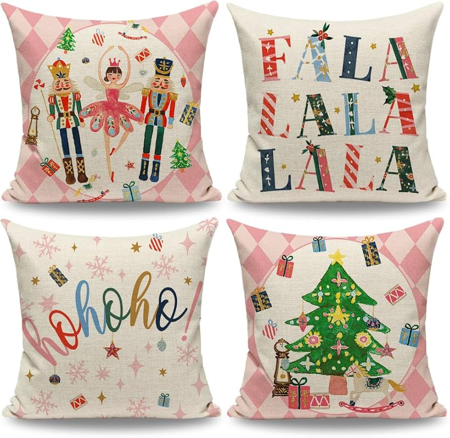 JOJOGOGO Nutcracker Christmas Decor Pink Throw Pillow Covers 18x18 Set of 4 Light Pink Nutcracker... | Amazon (US)