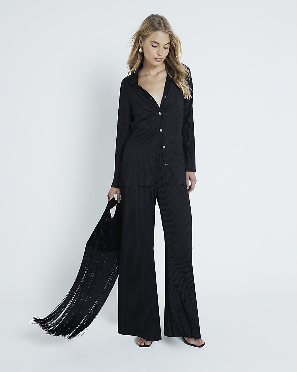 Black Long Sleeve Plisse Shirt | River Island (UK & IE)