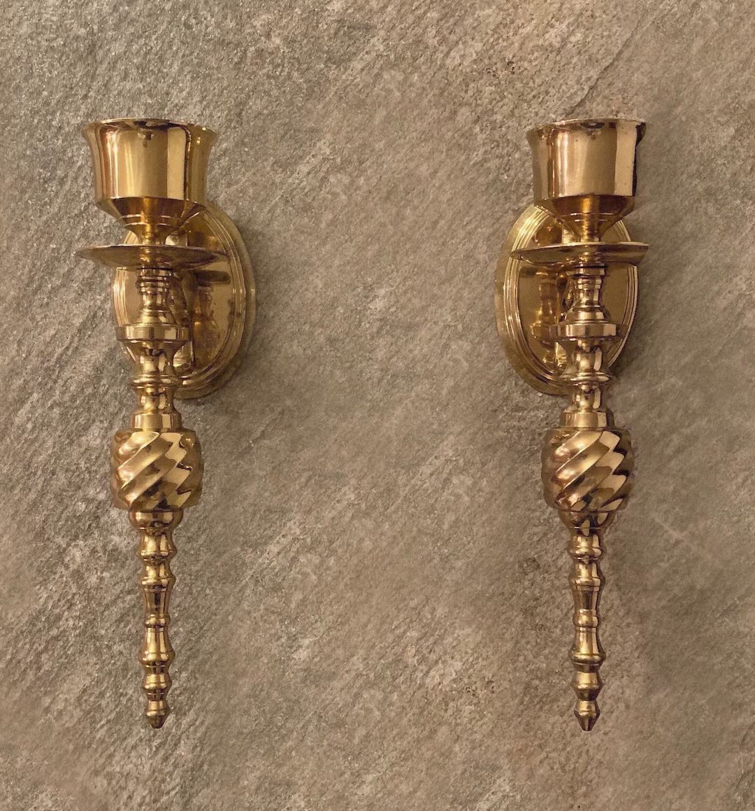 Elegant Pair of Vintage Brass Wall Sconces Hand Forged Gold Candlestick Holders - Etsy | Etsy (US)