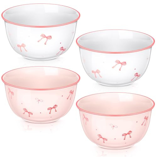 Reallnaive 4 Pcs Pink Bow Ceramic Bowls Set 4.5 Inch Bow Theme Coquette Cute Soup Bowl 12 Ounces Dessert Bowls for Kitchen Side Dishes Ice Cream Rice Soup Snack Cereal, Microwave and Dishwasher Safe | Amazon (US)