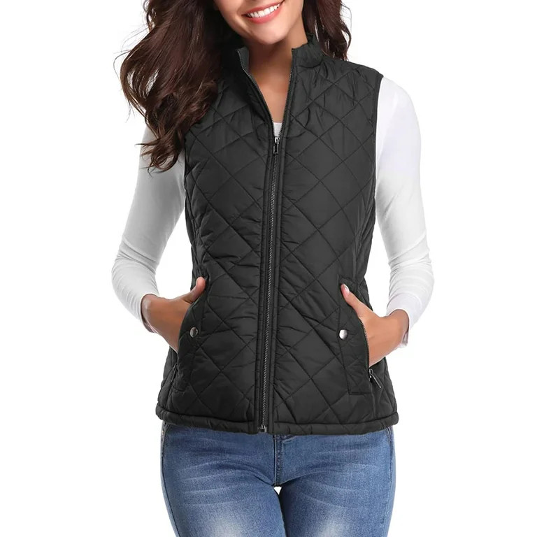 Fuinloth Women Quilted Vest, Stand Collar Lightweight Zip Padded Gilet Outerwear Coats Black S | Walmart (US)