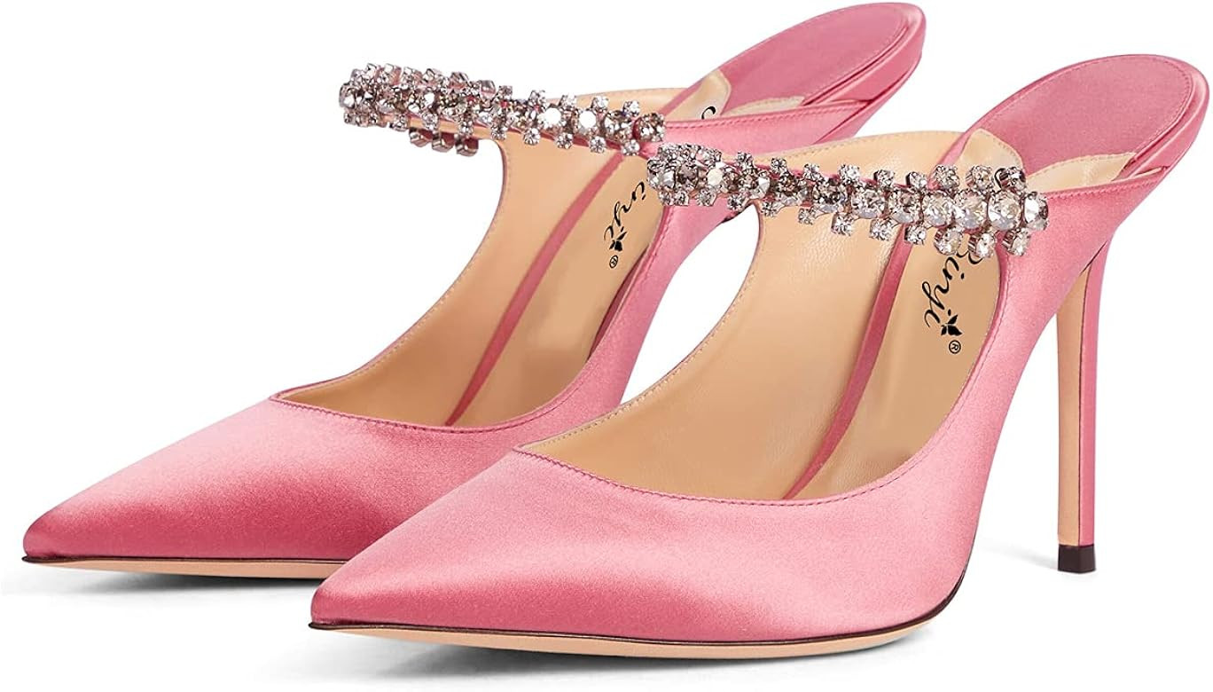 JiaBinji Women High Heels Sandals Mules Rhinestone Strap 4 inches Stiletto Pointed Toe Slip On Sanda | Amazon (US)