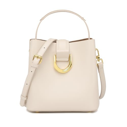 Leather Bucket Purse for Women, Designer Crossbody Shoulder Handbag with Adjustable Strap, Medium Size Leather Tote (White) | Amazon (US)