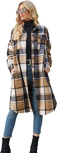 PUWEI Women's Casual Lapel Button Down Long Plaid Shirt Coat Tartan Shacket Jacket | Amazon (CA)
