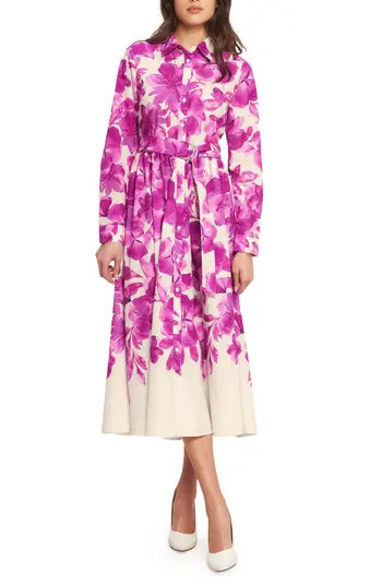 FLYING TOMATO Floral Long Sleeve Midi Shirtdress in Ivory Fuchsia Floral at Nordstrom Rack, Size Large | Nordstrom Rack
