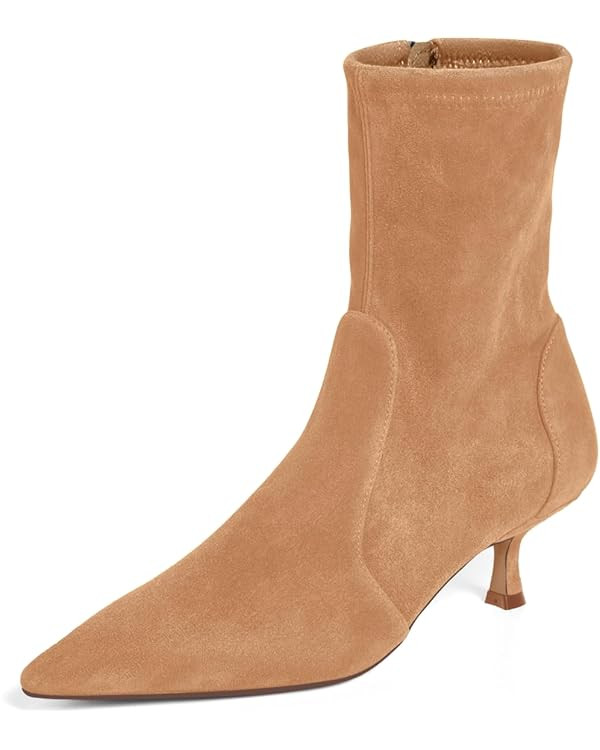 Coutgo Womens Low Kitten Heel Ankle Boots Pointed Toe Booties Side Zipper Fall Shoes | Amazon (US)