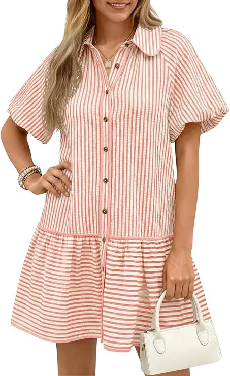 Wenrine Womens Summer Button Down Shirt Dress Casual Striped Puff Short Sleeve Collared Loose Min... | Amazon (US)