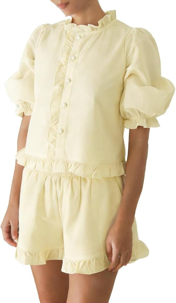 Women Ruffle 2 Piece Sets Fashion Puff Sleeve Button Down Shirts and Shorts Cotton Pajamas Sets | Amazon (US)