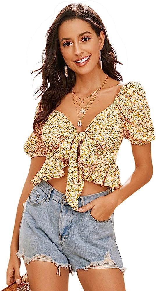 SheIn Women's Floral Ruffle Hem Blouse Short Puff Sleeve Deep V Neck Tie Front Crop Top Shirt | Amazon (US)