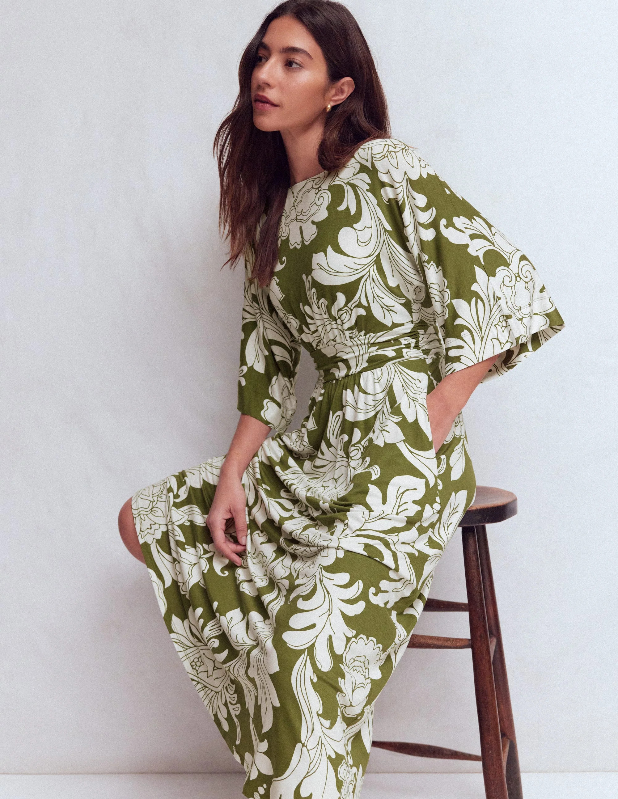 Imelda Kimono Jersey Dress-Olive, Botanical Flourish Mono | Boden (US)