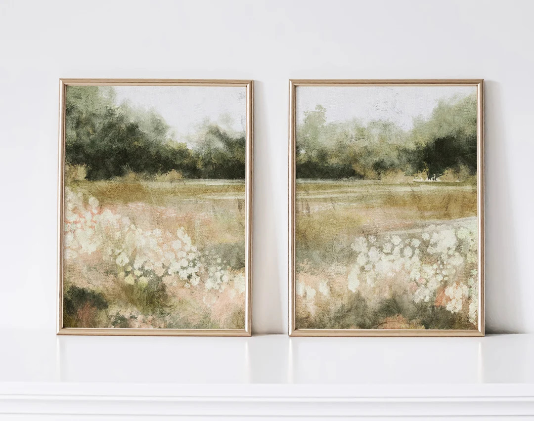 Set of Two Summer Landscape Prints, Spring Printable Wall Art, Muted Scenery Vintage Style Oil Pa... | Etsy (US)