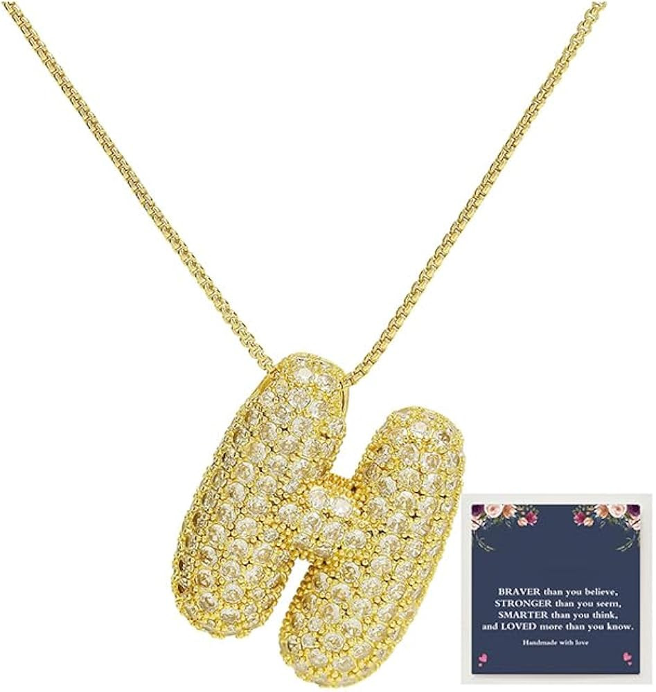 Bubble Letter Necklace Gold for Women，Charm Balloon Initial Letter Pendant Zirconia Inlaid Neck... | Amazon (US)