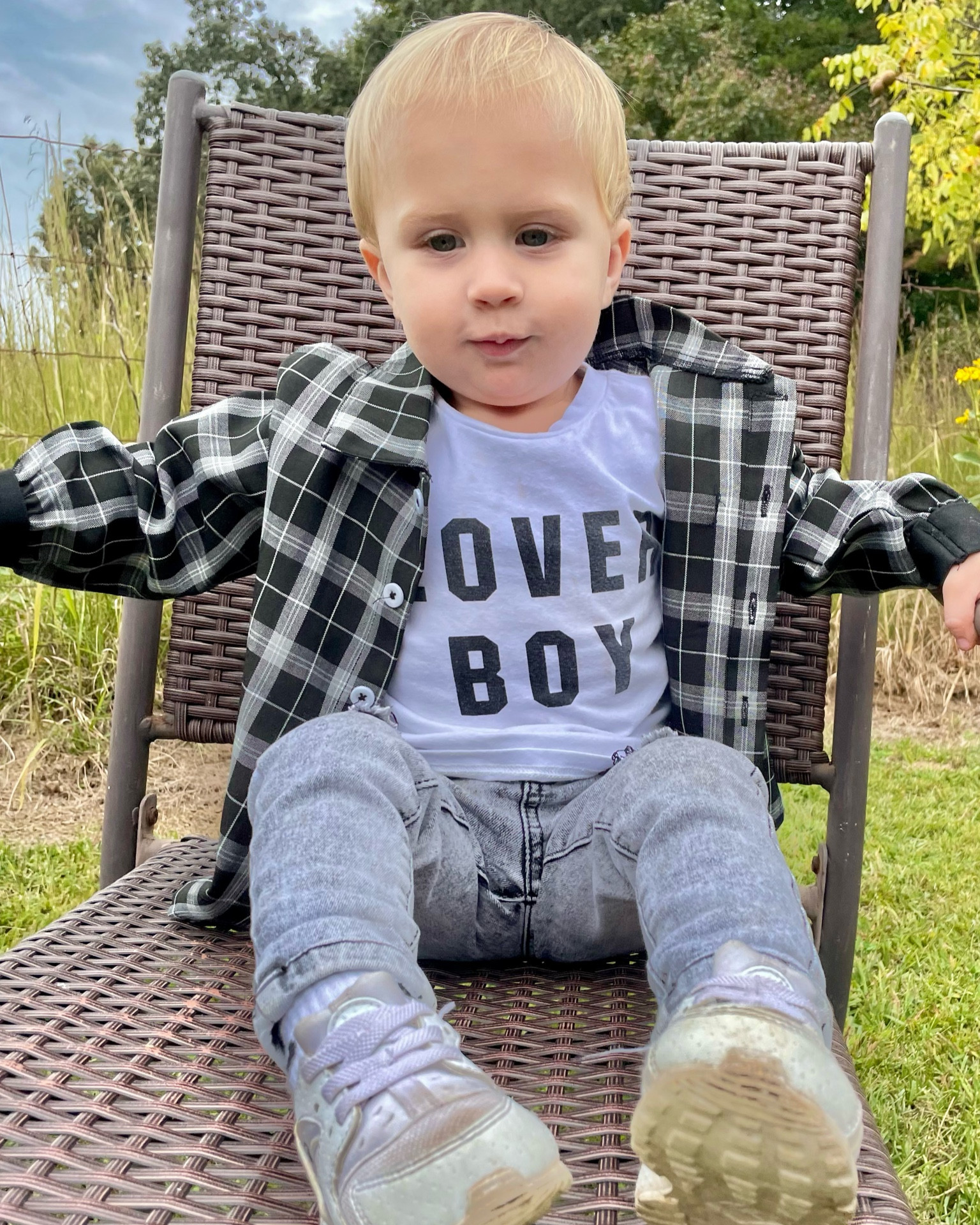Cute black flannel with distressed jeans and a cute “lover boy” tee paired with huaraches 

#LTKkids #LTKGiftGuide #LTKfit