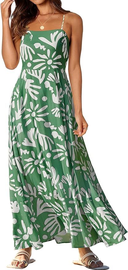 MEROKEETY Women's 2024 Summer Floral Boho Maxi Dresses Casual Sleeveless Spaghetti Strap Smocked ... | Amazon (US)