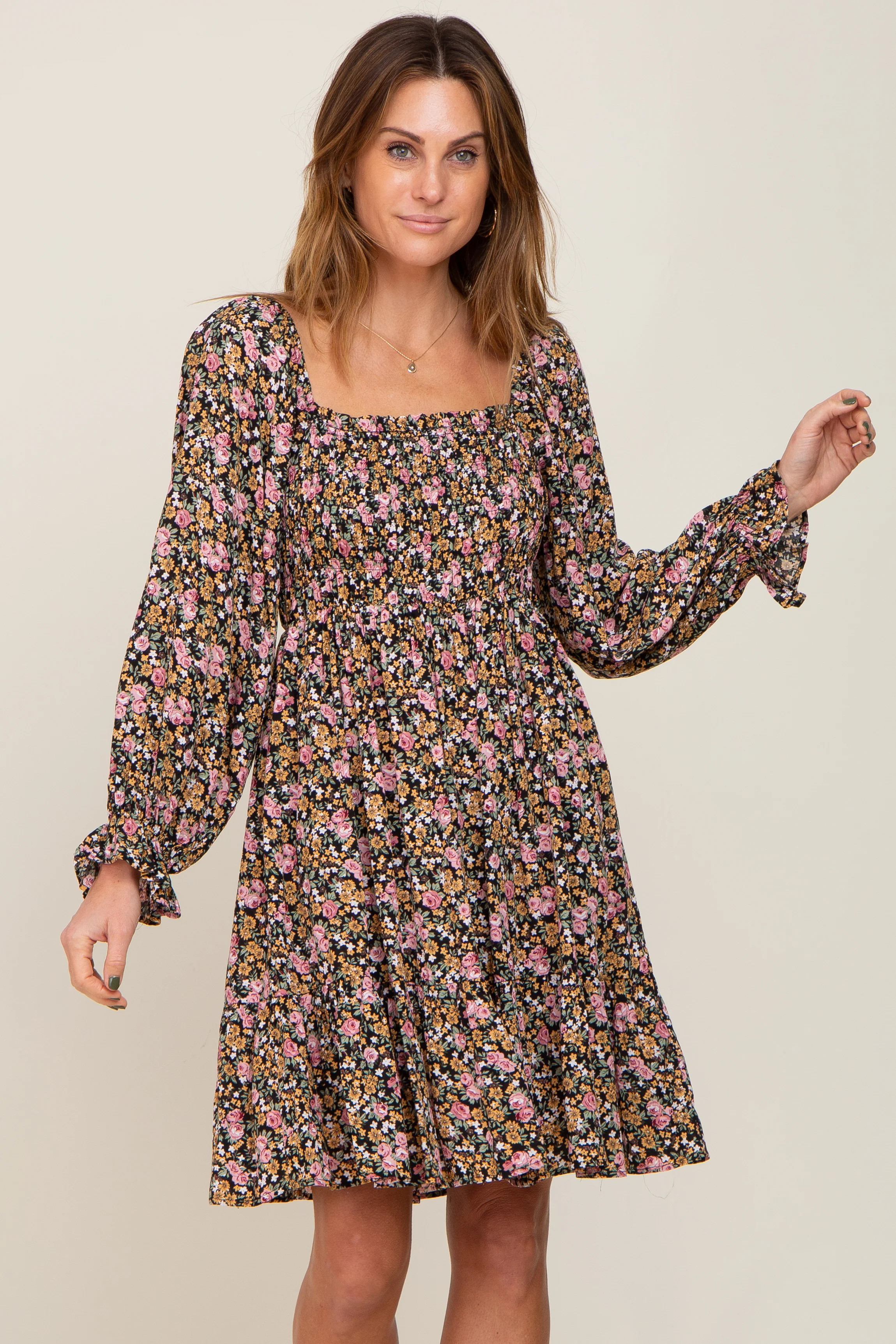 Black Floral Smocked Square Neck Dress | PinkBlush Maternity