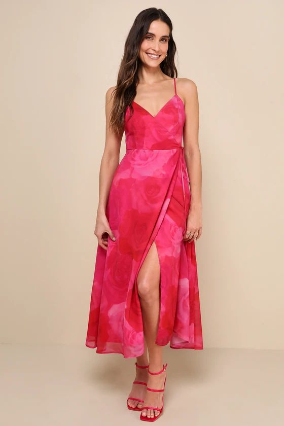 Radiant Perfection Hot Pink Floral Print Wrap Midi Dress | Lulus