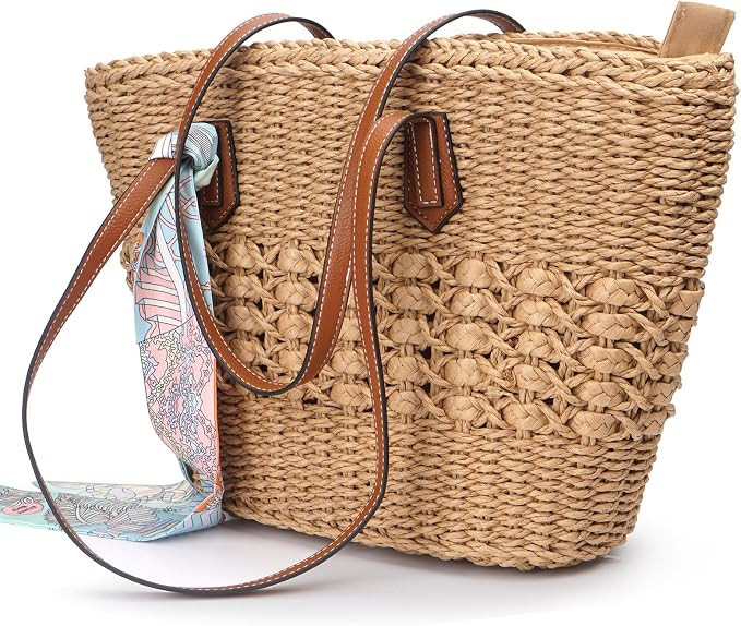Beach Bags for Women, Summer Straw Beach Bag with Zipper Pocket, Shoulder Handbags for Beach | Amazon (US)