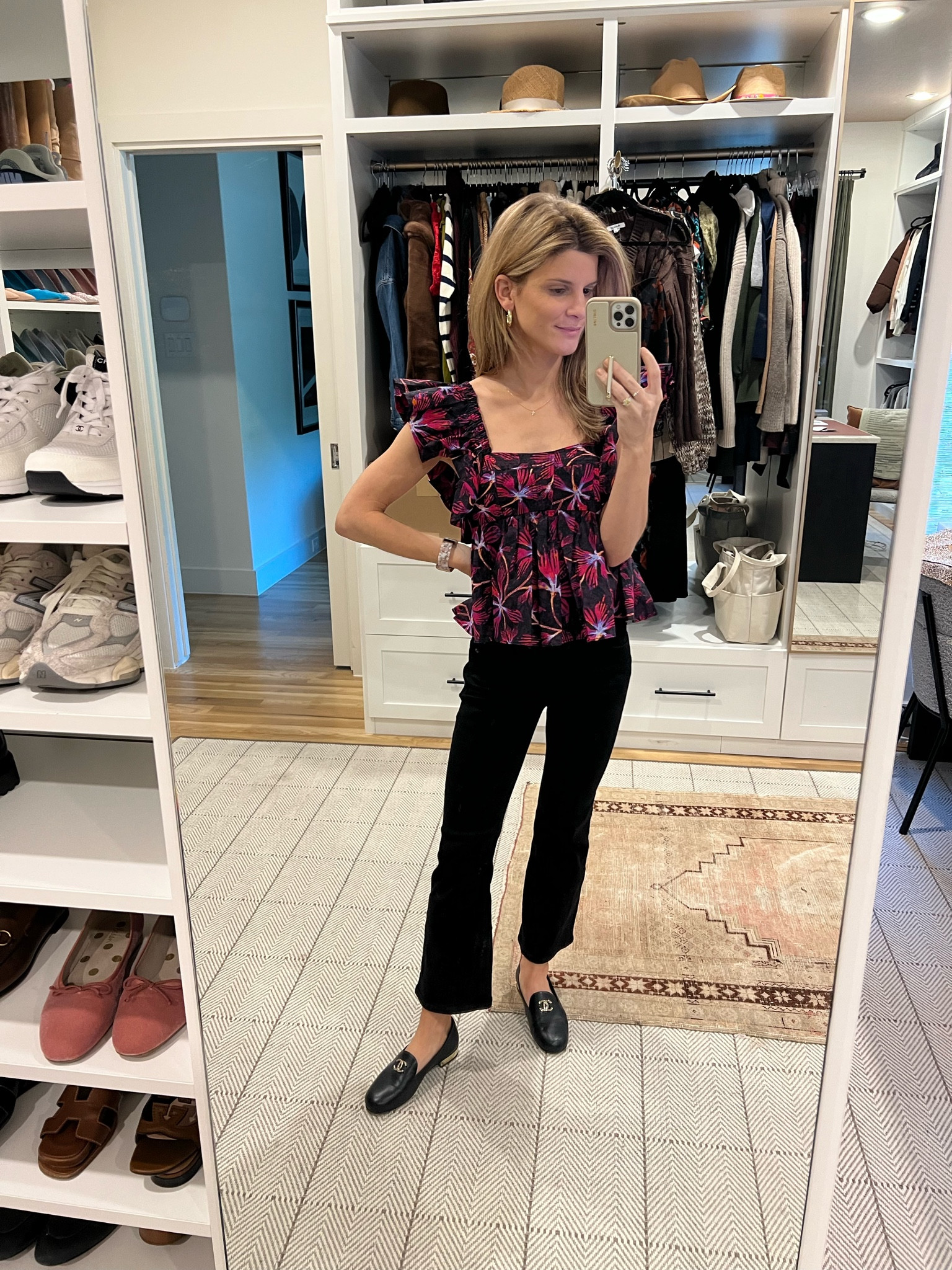 Wearing petite in jeans and XS in top