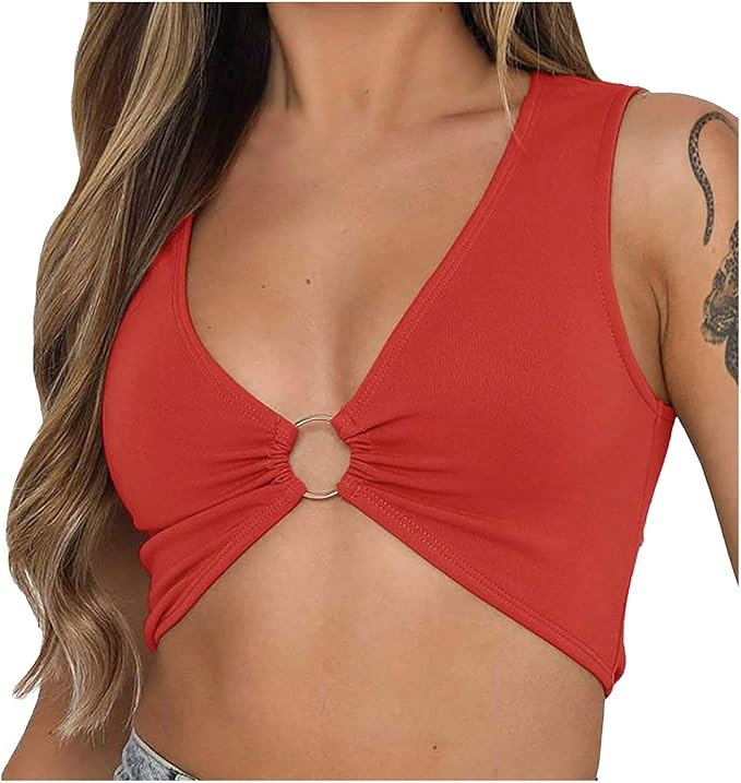 Sexy Crop Tops for Women Sleeveless Deep V Neck Workout Tops Plunge Ring Cleavage Cropped Tank To... | Amazon (US)