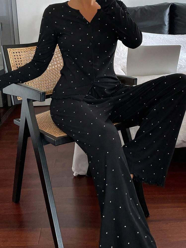 DAZY Women's Polka Dot Print Long Sleeve Pajama Set, Fall & Winter Clothes | SHEIN
