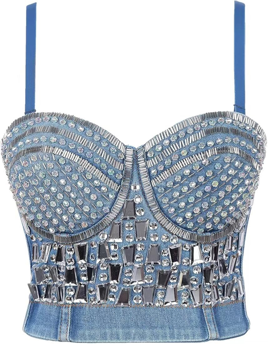 Women's Bustier Crop Top Mesh Corset Top Push up Rhinestone Diamond Bra Club Party Vest | Amazon (US)
