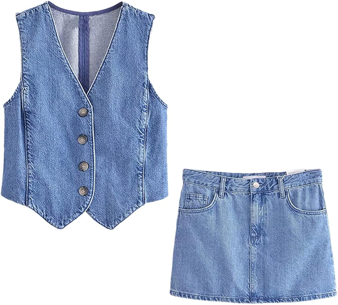 Women Spring Summer Denim Vest Skirt Sets Single Breasted V-Neck Tops Elastic Waist Mini Skirts | Amazon (US)