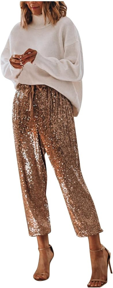 mmknlrm Womens Black And Gold Sequin Joggers Outfit Inspo Jogger Outfit Amazon White Sweater Outfit  | Amazon (US)