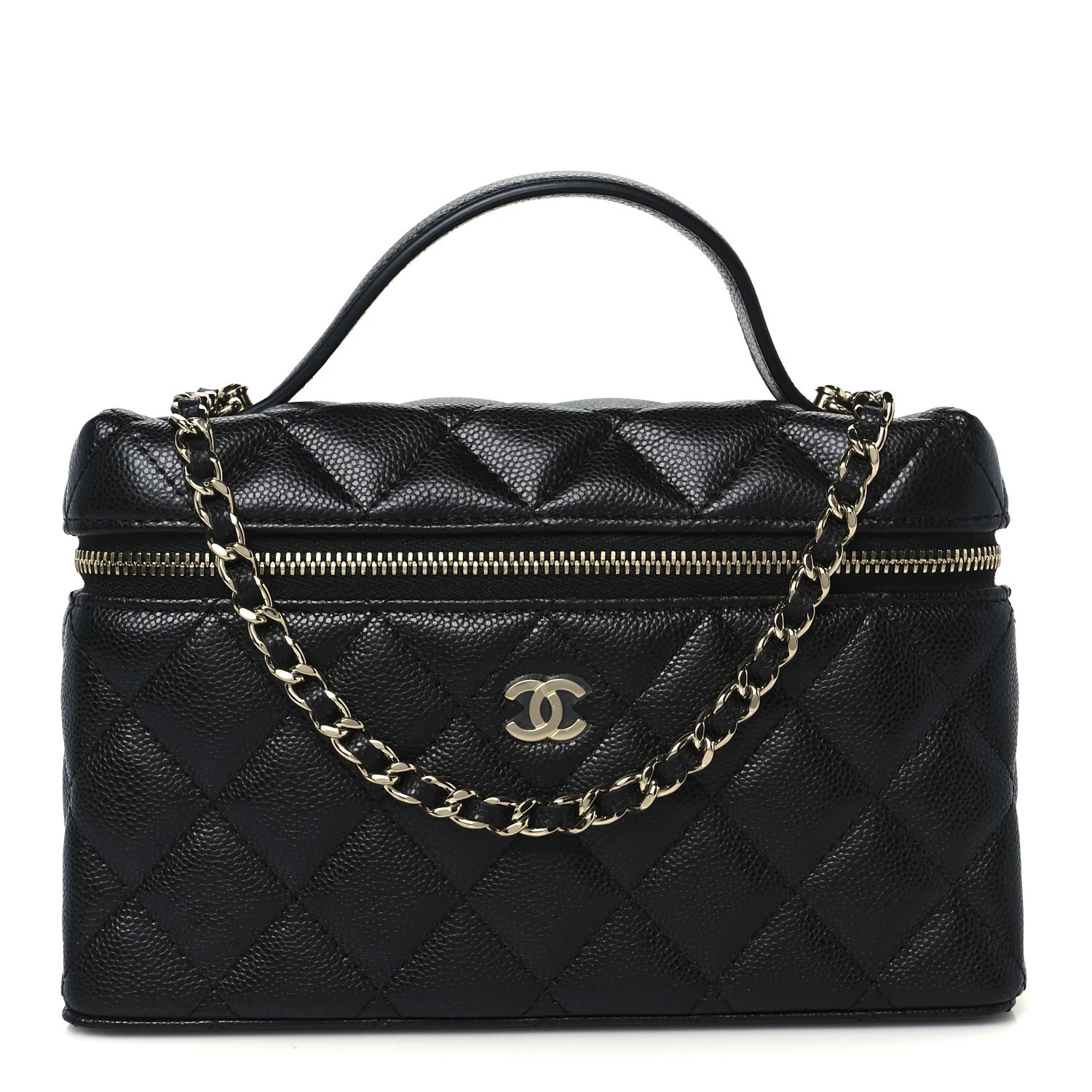 Chanel Caviar Quilted Top Handle Slim Vanity With Chain Black | FASHIONPHILE (US)
