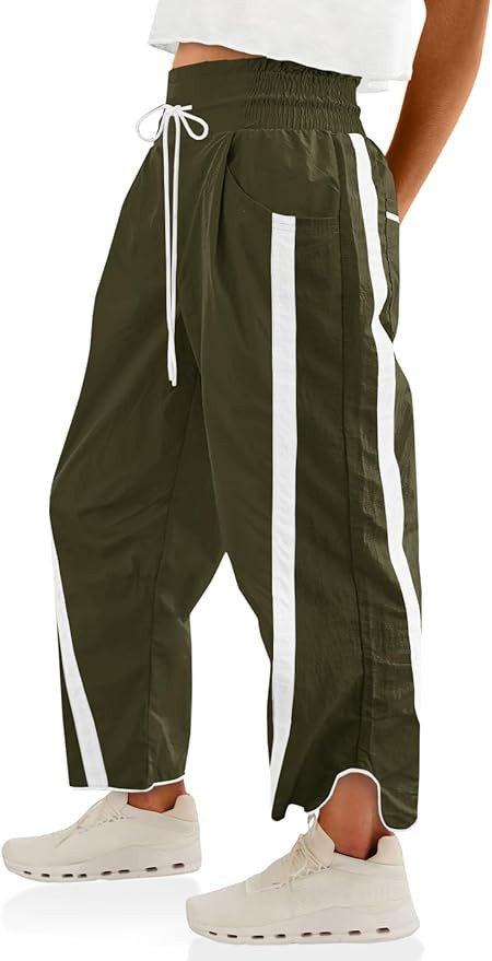 Women's Baggy Wide Leg Pants Casual Drawstring Elastic Waisted Contrast Color Workout Y2K Track P... | Amazon (US)