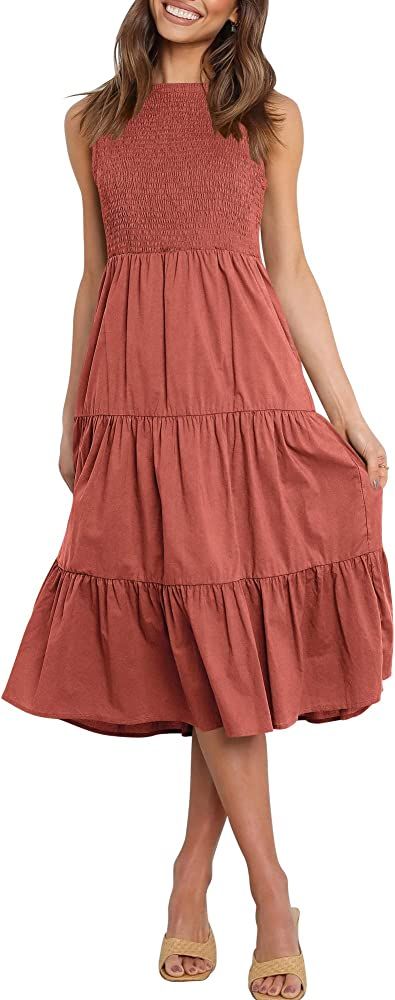 LOGENE Womens Sleeveless Crew Neck Smocked Elastic Waist Tiered Midi Dress Summer Sun Dresses wit... | Amazon (US)