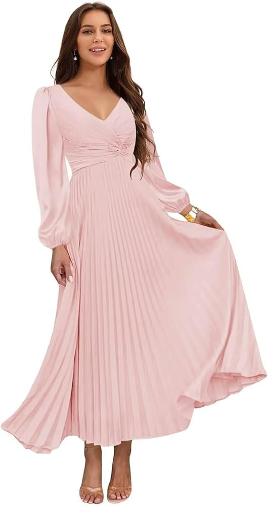 Women's V Neck Pleated Satin Bridesmaid Dresses Long Sleeve Maxi Formal Evening Dress VS149 | Amazon (US)
