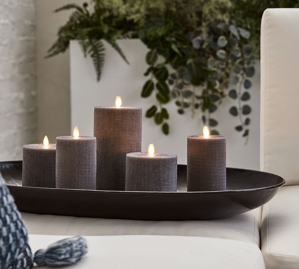 Premium Flickering Flameless Wax Pillar Candles - Linen Textured Charcoal | Pottery Barn (US)