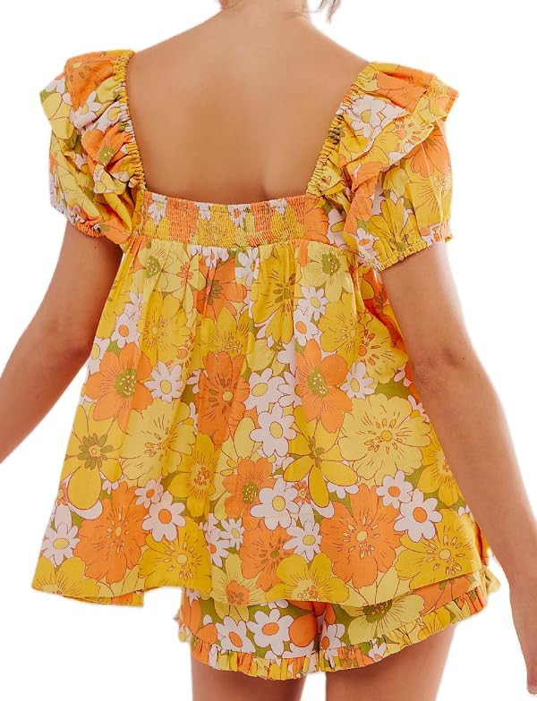 NUFIWI Women Floral Babydoll Tops 2 Piece Lounge Sets Square Neck Puffy Short Sleeves Peplum Shir... | Amazon (US)