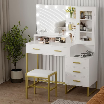 COZONY Makeup Vanity with Upholstered Stool, Vanity Desk with Mirror and Lights, Vanity Table Set with Jewelry Storage, 5 Drawers and Shelves | Target