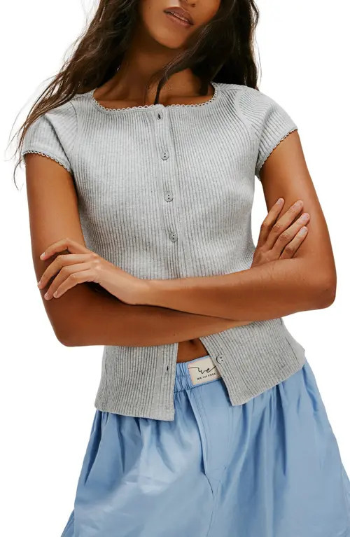 Free People Most Wanted Short Sleeve Cotton Blend Cardigan in Heather Grey at Nordstrom, Size Small | Nordstrom