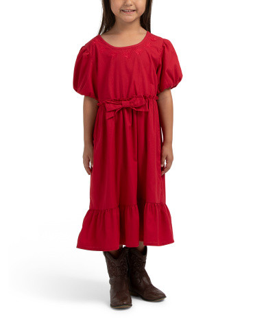 Girls Puff Sleeve Embroidered Bow Dress | TJ Maxx