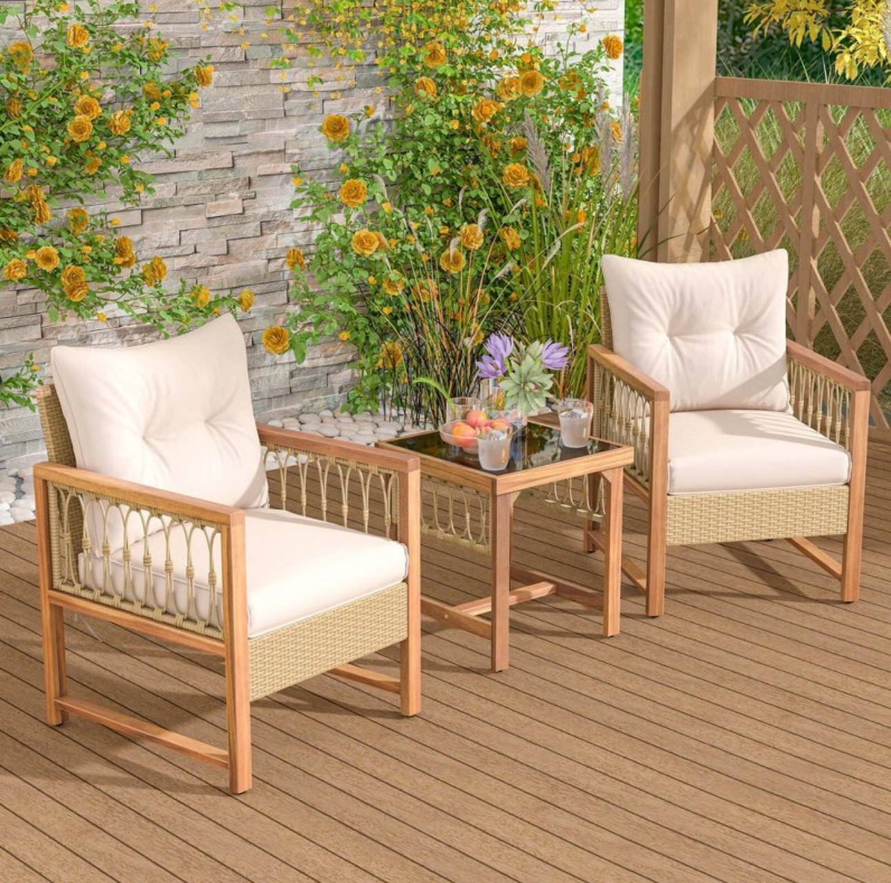Target Circle Week Sale •	Selected Materials: Crafted with fade-resistant PE wicker and a robust acacia wood frame, this patio bistro set ensures high outdoor durability while offering a touch of natural elegance.
•	Comfortable Cushions: Padded with high-density sponges, these cushioned patio chairs bring outstanding comfort and support. Additionally, the removable seat cushion covers allow you to clean them with ease.
•	Practical Coffee Table: This patio furniture set features a tempered glass coffee table, which not only provides ample space for needed items but also ensures safety with its strength and resistance to impacts.
•	Versatile Styling Options: This outdoor conversation set with a compact footprint is perfect for both small and large spaces, yet the generous seating area comfortably accommodates family and guests in larger areas.
•	Product Dimensions: This 3-piece balcony furniture set includes a square coffee table (18"L x 18"W x 19"H) and 2 patio chairs (25"L x 23"W x 29.5"H). Weight capacity: 180 lbs for the coffee table, 400 lbs for each chair.

#LTKSeasonal #LTKSaleAlert #LTKHome