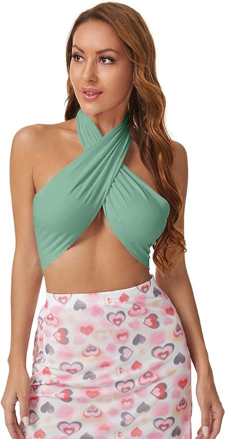 Verdusa Women's Sexy Sleeveless Halter Criss Cross Self Tie Backless Crop Top | Amazon (US)