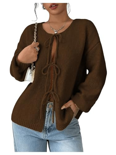 BEAUDRM Women's Bow Tie Front Cardigan Long Sleeve Crewneck Loose Cardigan Sweaters Open Front Brown Large | Amazon (US)