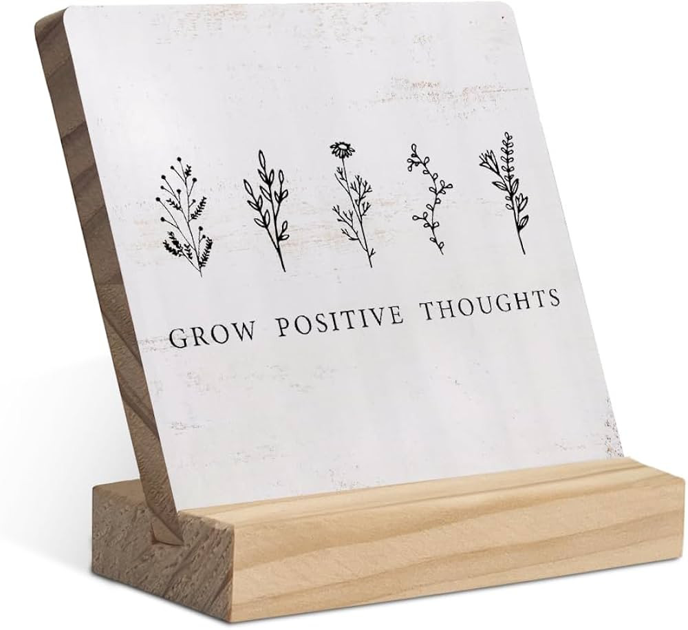 EIONEY Boho Neutral Botanical Desk Decor Wood Plaque with Wooden Stand,Grow Positive Thoughts Men... | Amazon (US)