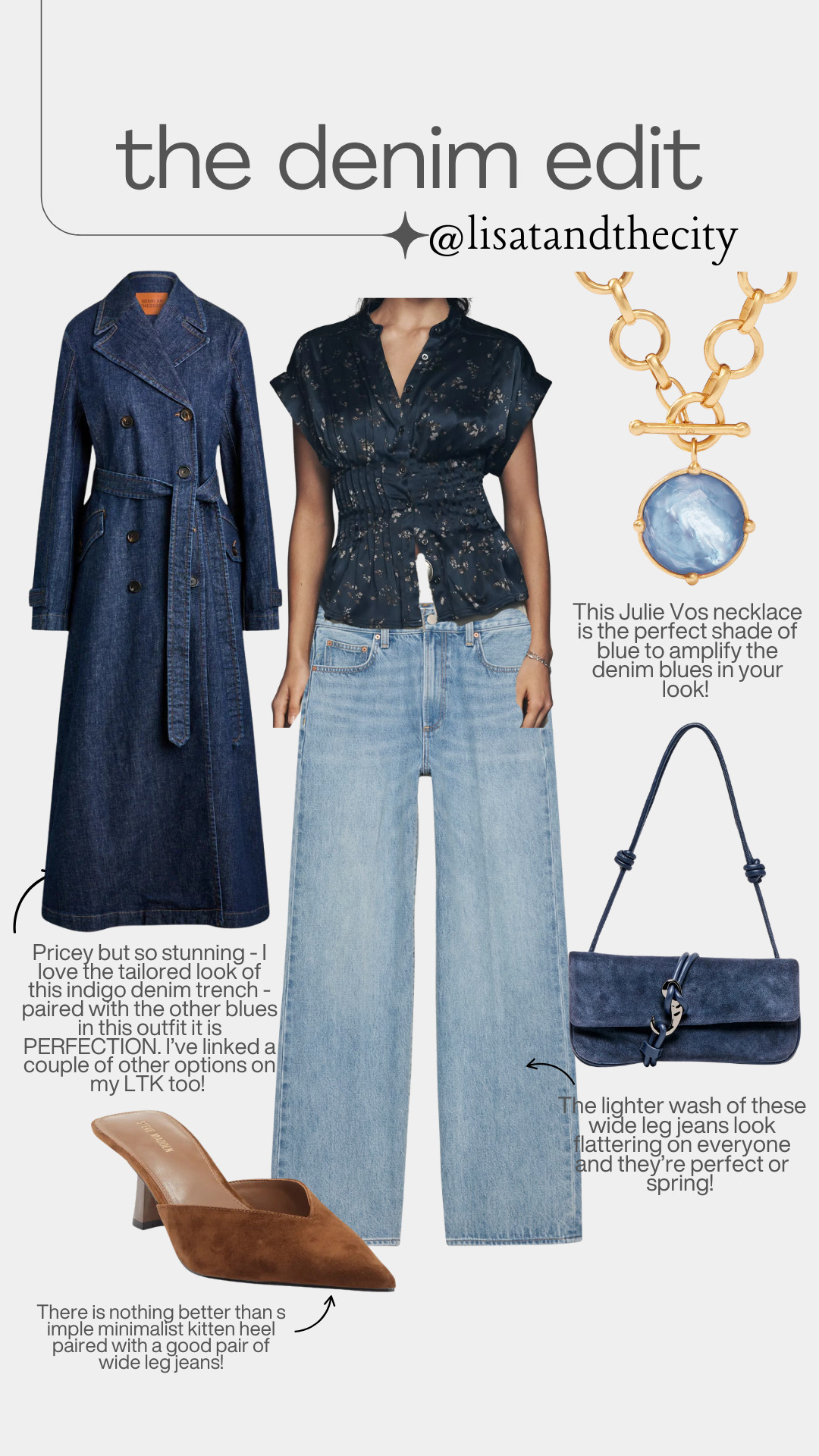 Denim on denim, but make it chic 💙 This elevated denim edit features a tailored indigo denim trench coat, flattering high-waisted wide leg jeans, a feminine navy blouse, luxe blue statement necklace, suede shoulder bag, and classic brown kitten heels—the perfect spring outfit idea for effortless everyday style. If you’re searching for wide leg jeans outfits, how to style denim, spring capsule wardrobe staples, or timeless minimalist fashion, this look checks every box. Everything is linked on my LTK for easy shopping—tap to shop and elevate your denim wardrobe! #LTKStyle #LTKFinds #DenimEdit #WideLegJeans #DenimOnDenim #SpringStyle #CapsuleWardrobe #ClassicStyle #MinimalChic #EverydayOutfit #TimelessFashion #LisatandtheCity 

 

#LTKootd #LTKOver40 #LTKSaleAlert