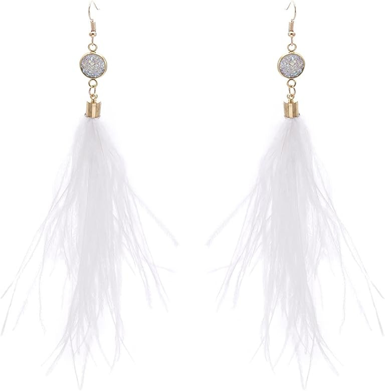 RUOFFETA Long Feather Earrings for Women, Bohemian Elegant Delicate Faux Druzy Charms Dangle Earring | Amazon (US)