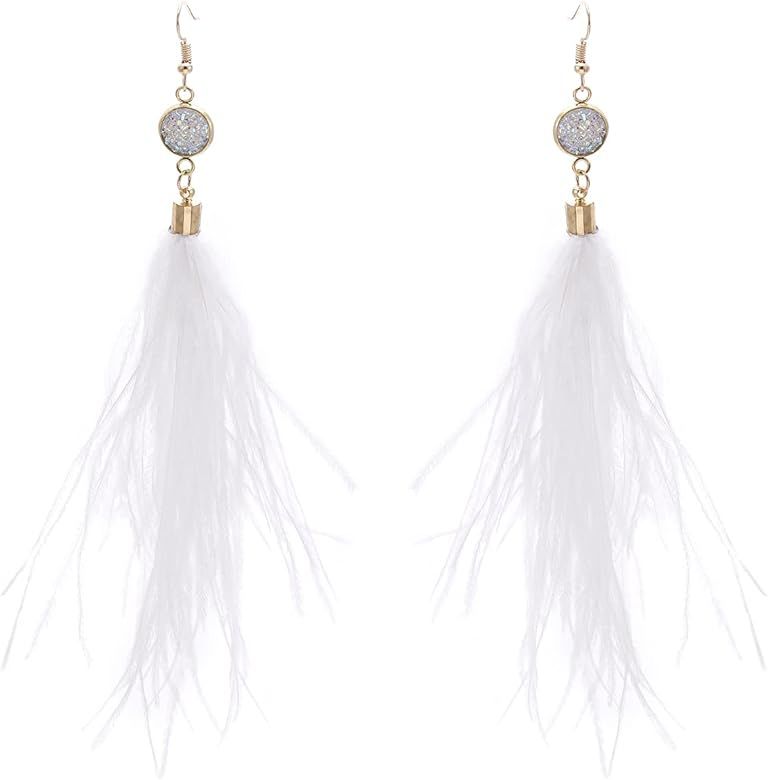 RUOFFETA Long Feather Earrings for Women, Bohemian Elegant Delicate Faux Druzy Charms Dangle Earring | Amazon (US)