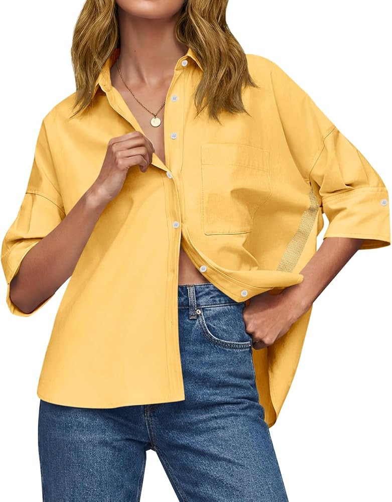 Cicy Bell Womens Summer Oversized Button Down Shirts Half Sleeve V Neck Business Casual High Low ... | Amazon (US)