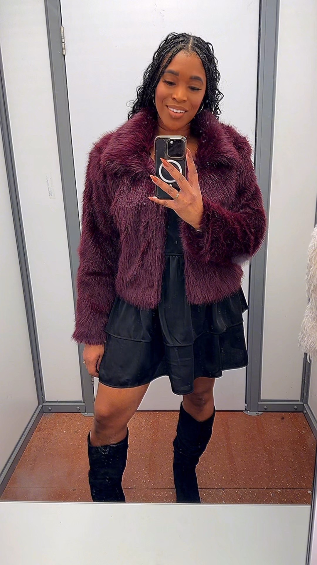 This look is giving bold, cozy, and confident. The rich burgundy faux-fur jacket instantly elevates the little black dress, while sleek knee-high boots keep it polished and powerful. Perfect for dinner, date night, or when you want to make a statement without trying too hard.

#LTKFindsUnder50 #LTKSaleAlert #LTKHoliday