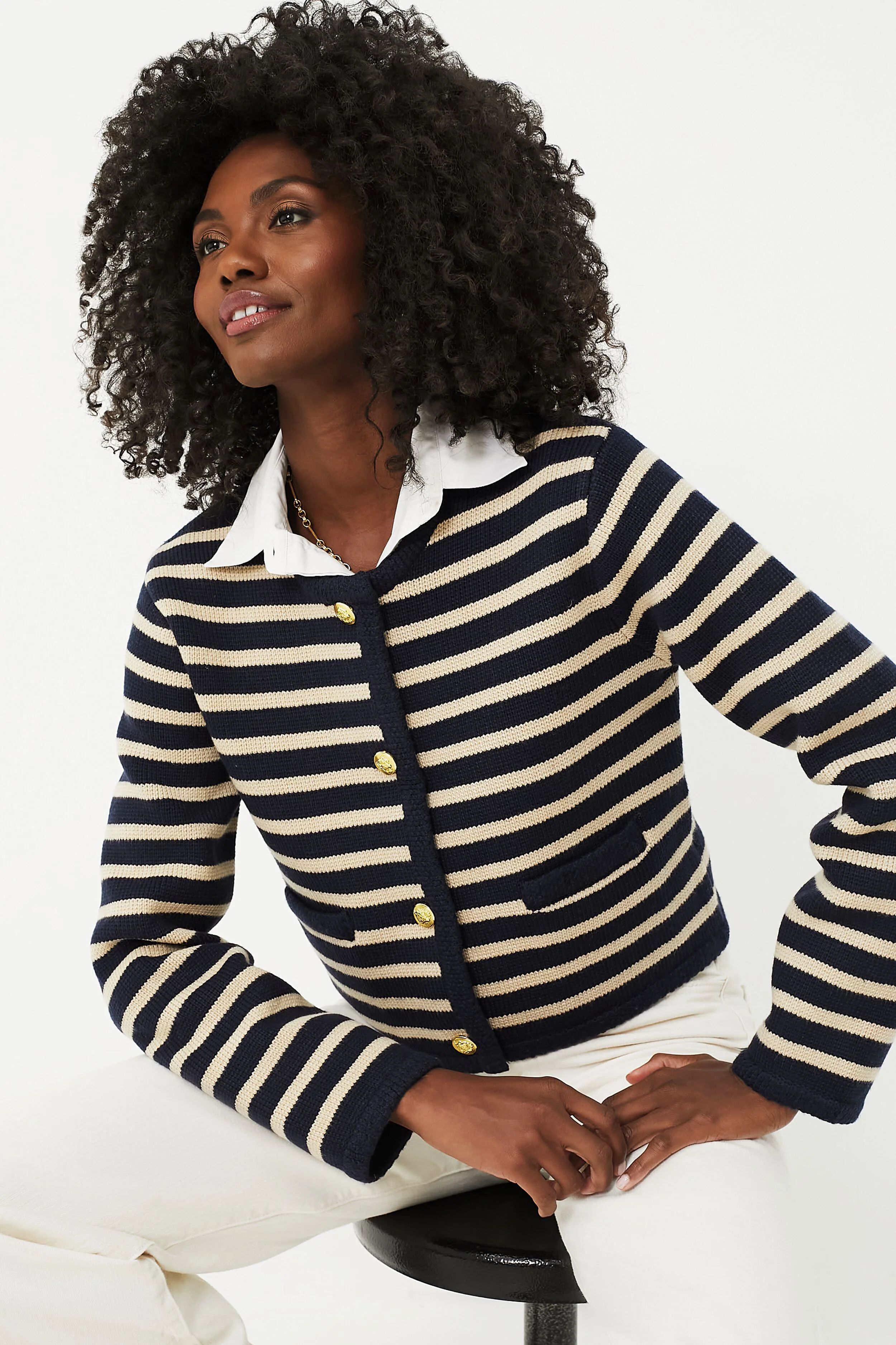 Navy & Tan Stripe Annie Structured Cardigan | Tuckernuck (US)